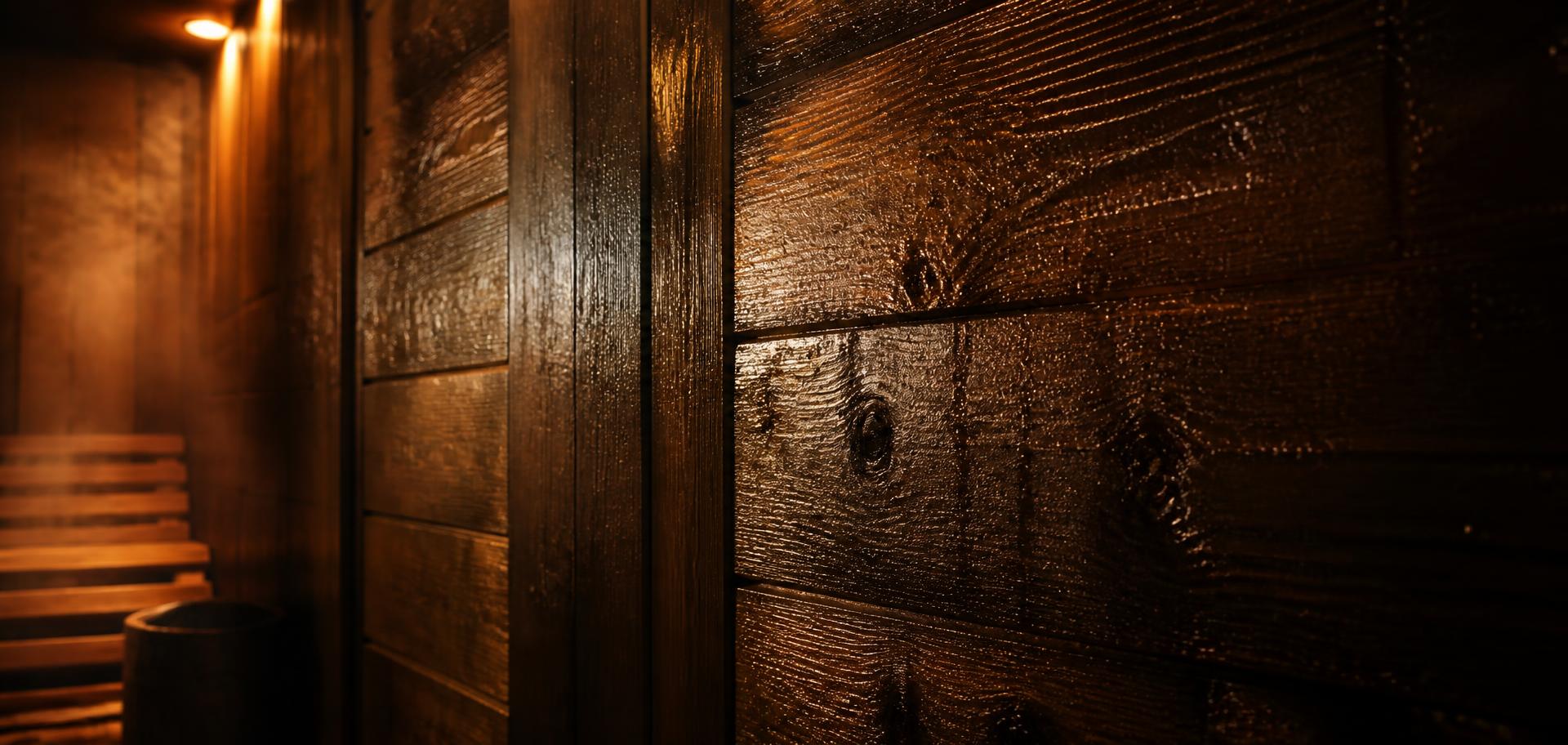 Cèdre sombre d'une cabine de sauna, éclairé chaudement
